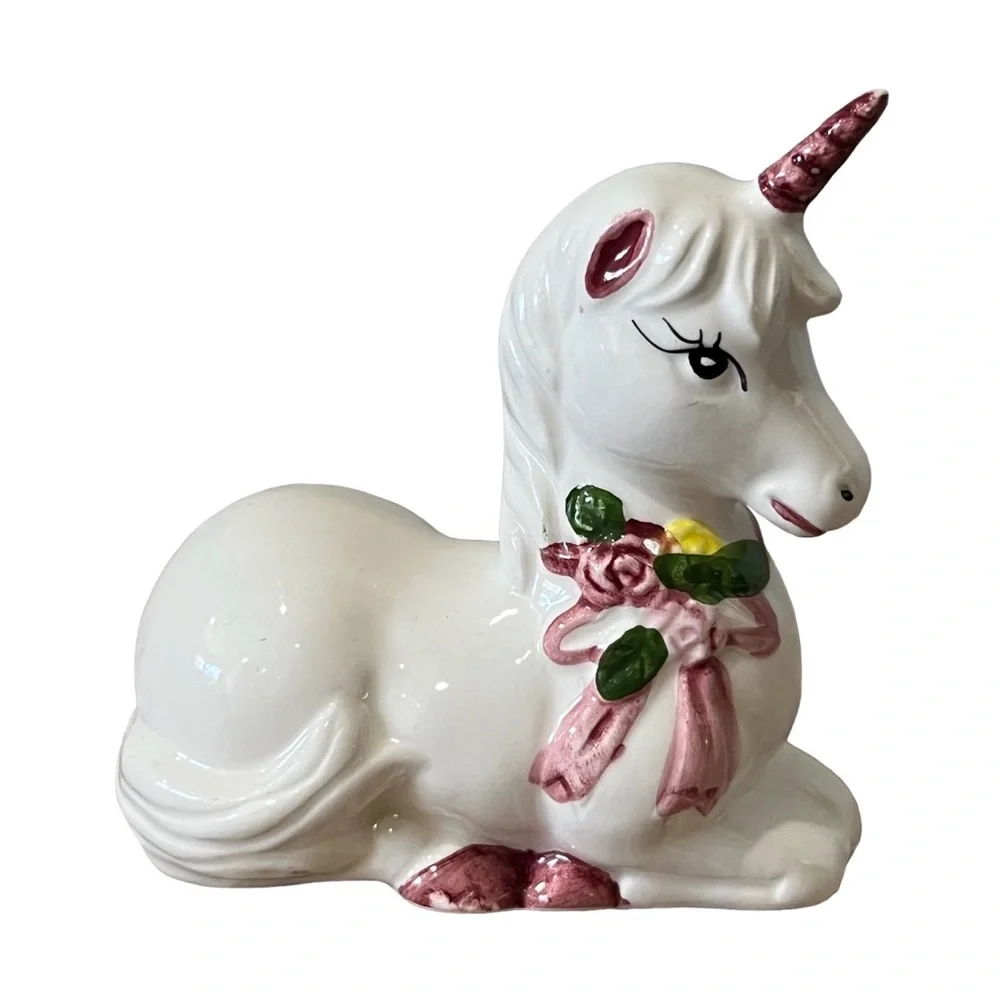Vintage Porcelain Unicorn Figurine Sitting White Floral Handpainted 3